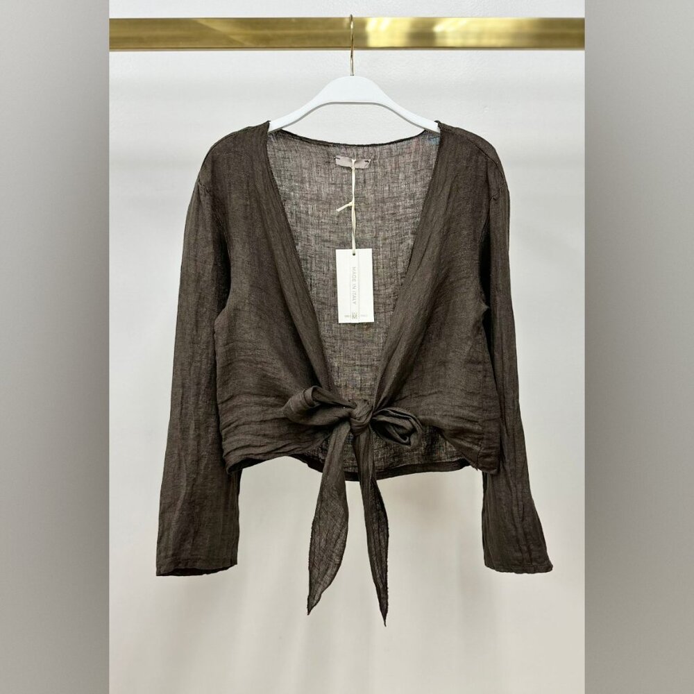 (113108-CHO) LINEN LONG SLEEVE TIE TOP - Picture 7 of 7